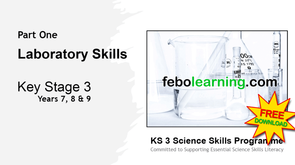 An illustration of laboratory test beakers and measuring vessels. The title to the left reads, Part one, Laboratory Skills for key stage three, years 7, 8 and 9