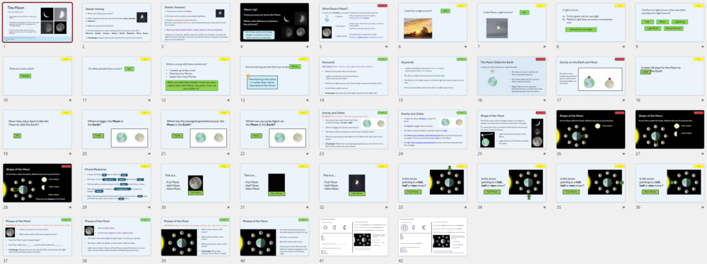 KS2_The_Moon_Screenshot Graphic image showing a selection of thumbnails of lesson slides from Title graphic for KS2 Primary Science: The Moon