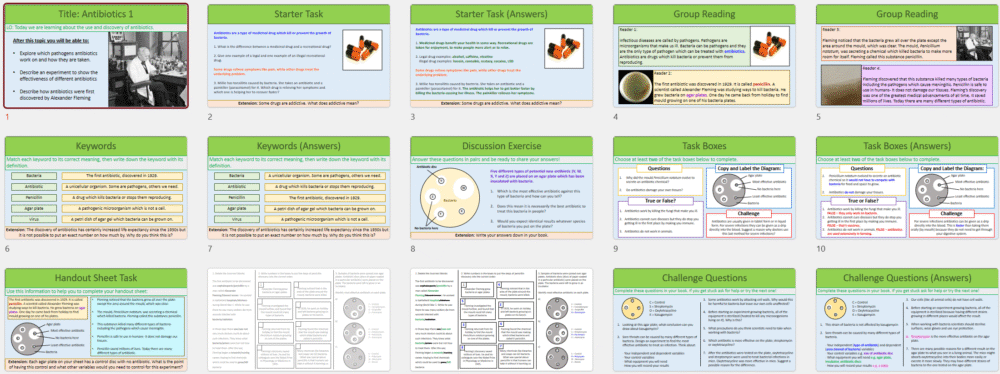This is a screenshot image that captures the thumbnail slides contained in Key Stage 3 Biology Antibiotics part 1. These are for illustrative purposes only.