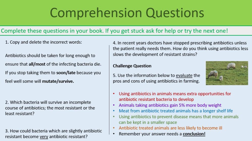 This is a screenshot image that captures the comprehension questions slide for Key Stage 3 Biology Antibiotics part 2. The text can be seen, but only the title intended to be readable.