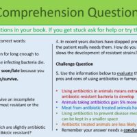This is a screenshot image that captures the comprehension questions slide for Key Stage 3 Biology Antibiotics part 2. The text can be seen, but only the title intended to be readable.