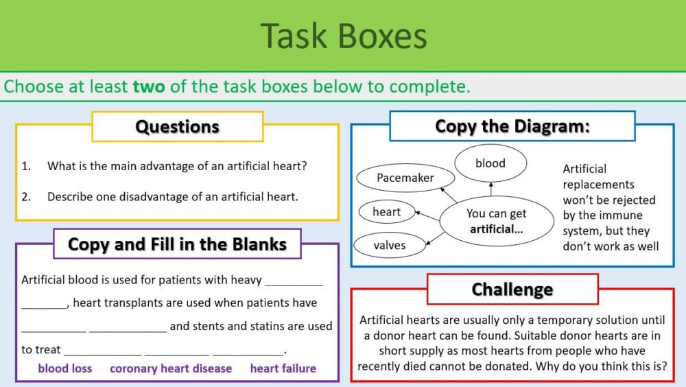 Cardiovascular Disease Task Boxes 2 Preview of Task Boxes (Questions) exercise for GCSE Biology Cardiovascular Disease lesson