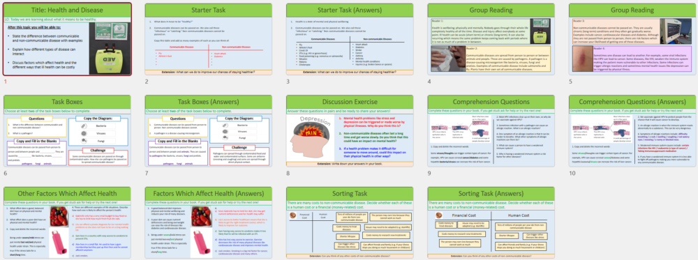 Thumbnails of lesson slides for GCSE Biology Topic 2 Organisation: Health and Disease