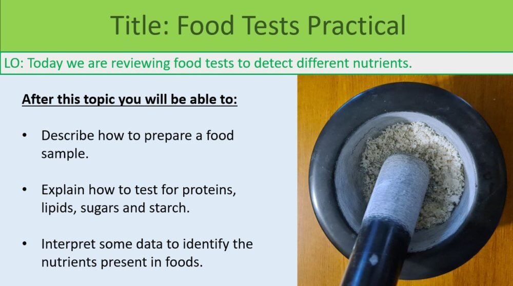 Preview GCSE Biology Topic 2 Organisation: Food Test (Practical) Lesson Objectives