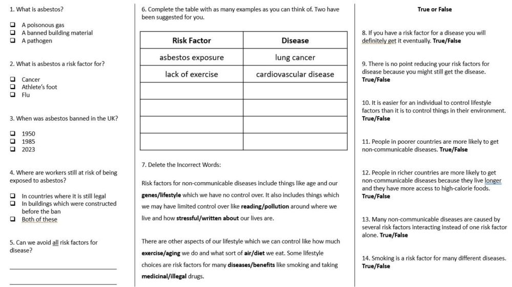 Preview of Risk Factors to Disease Worksheet
