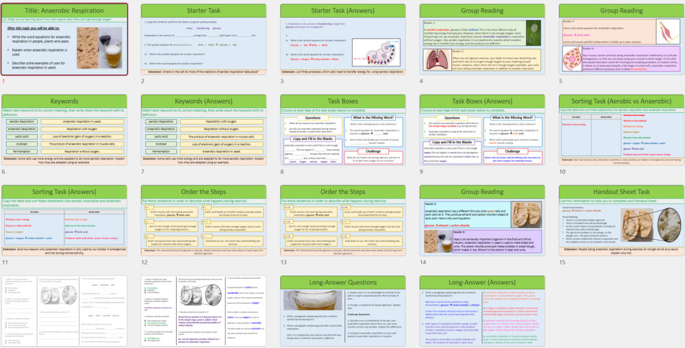 GCSE Biology Topic 4: Anaerobic Respiration lesson slide thumbnails