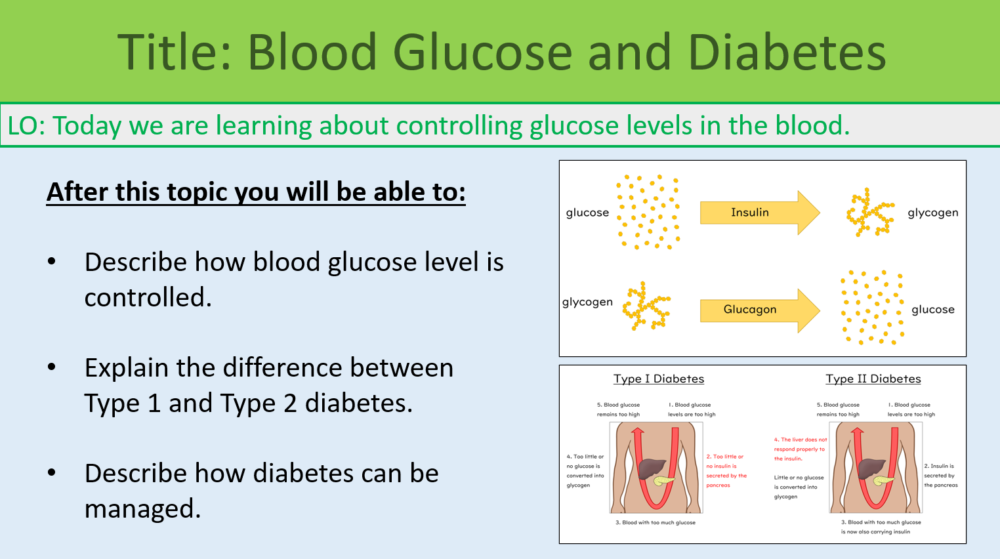 GCSE Biology Topic 5: Blood Glucose and Diabetes Lesson Objectives