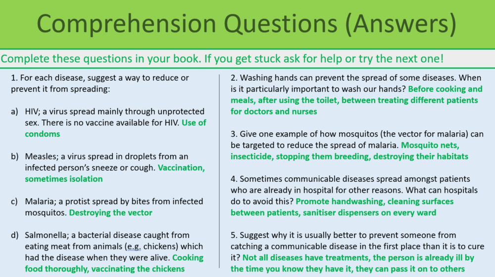 Disease Spread and Prevention Comprehension Questions