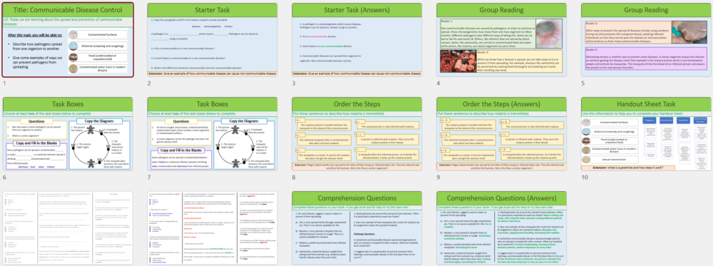 GCSE Biology Topic 3: Communicable Disease Spread and Prevention Lesson Slide Thumbnails