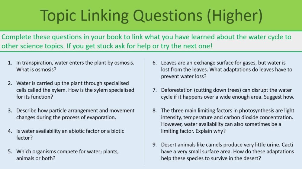 GCSE Biology Topic 7 The Water Cycle Topics linking Questions