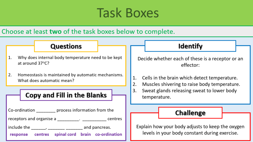 GCSE Biology Topic 5: Homeostasis Task Boxes