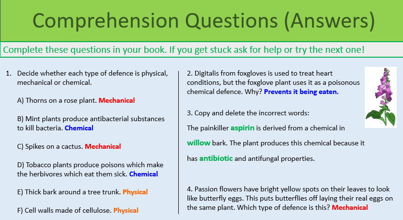 Plant diseases and defences Comprehension Questions