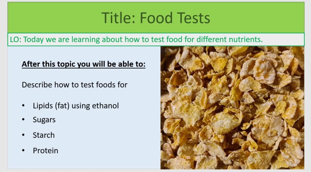 Year-8 Biology Health and Lifestyle Food Tests Lesson Objectives